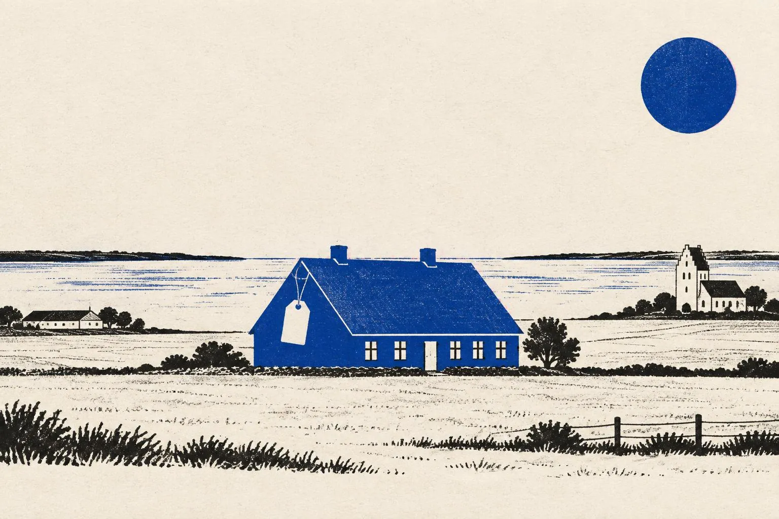 Risografi-illustration af et blåt stuehus med et prismærke i det flade landskab ved fjorden