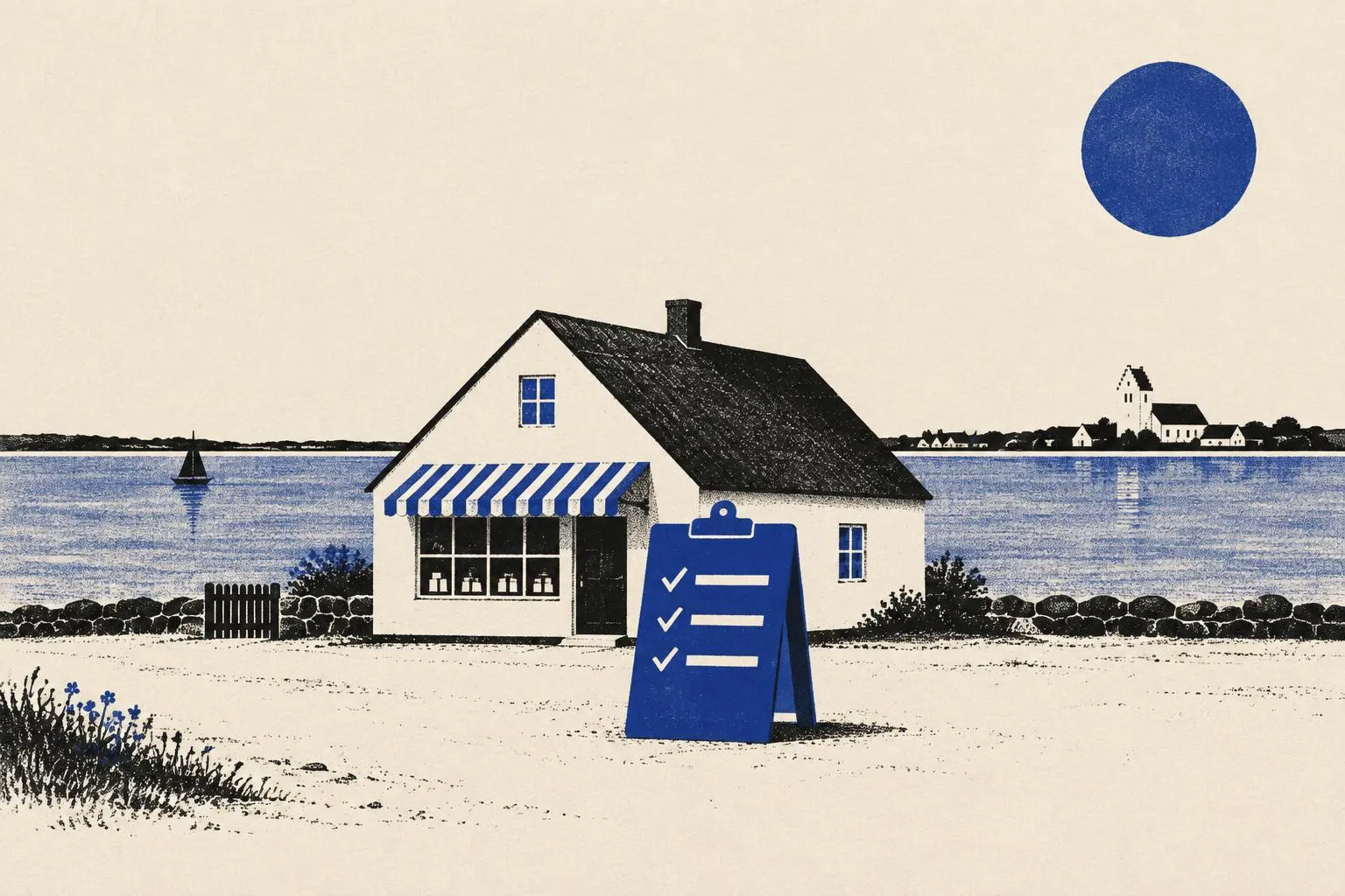 Risografi-illustration af en hvidkalket butik ved Limfjorden med et blåt skilt formet som en tjekliste foran døren