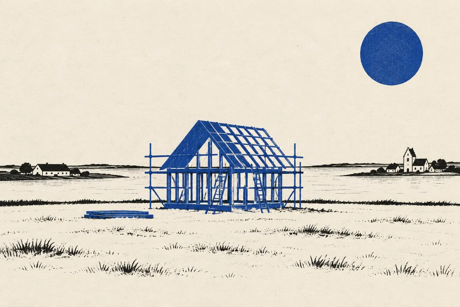 Risografi-illustration af et nyt hus under opførelse med stillads på en flad mark ved fjorden