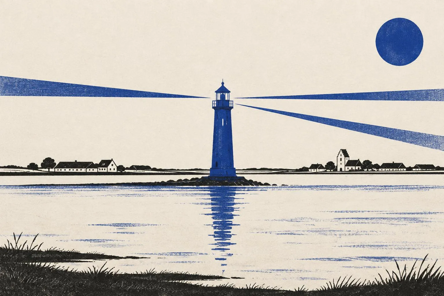 Risografi-illustration af et blåt fyrtårn ved fjorden, der sender lysstråler ud over vandet