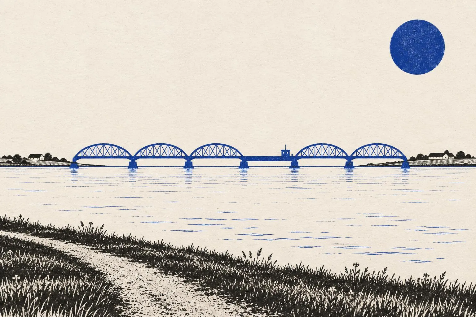 Risografi-illustration af Vilsundbroen, der spænder over Limfjorden mellem Mors og Thy med fem blå buer