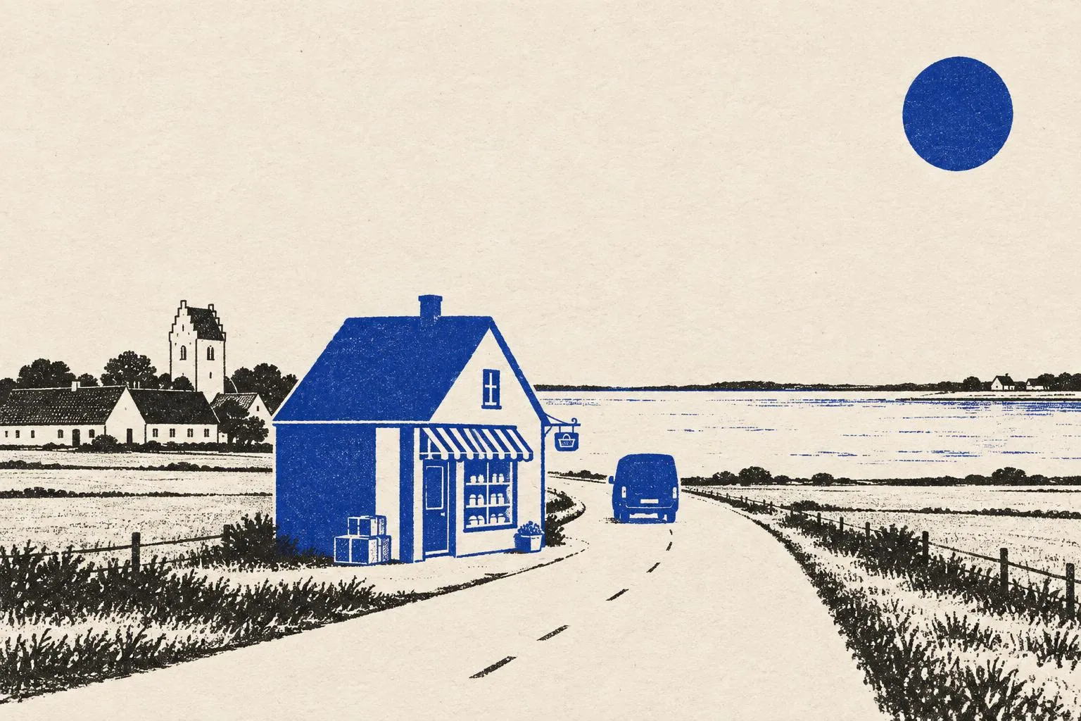 Risografi-illustration af en blå landhandel ved fjordvejen, hvor en varevogn kører afsted med pakker
