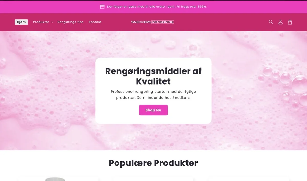 Snedkers Rengøring webshoppens forside i et pink univers